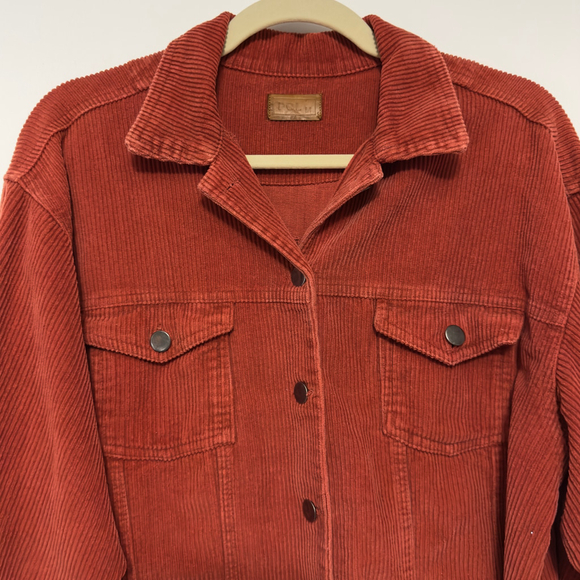 POL Rust Corduroy TRUCKER JACKET Bohemian DISTRESSED Frayed Hem Women's M - Picture 2 of 10
